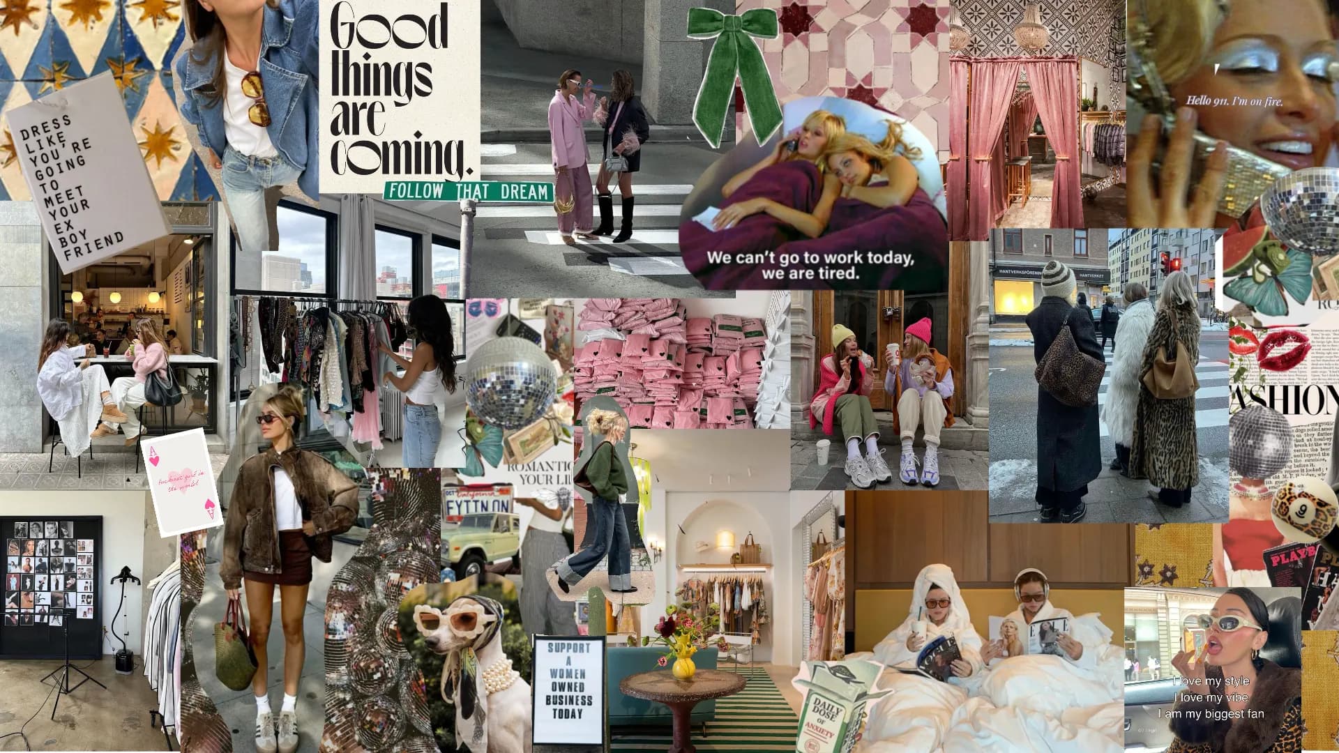 A collage of boutique interiors, clothing racks, disco balls and friends being gloriously lazy